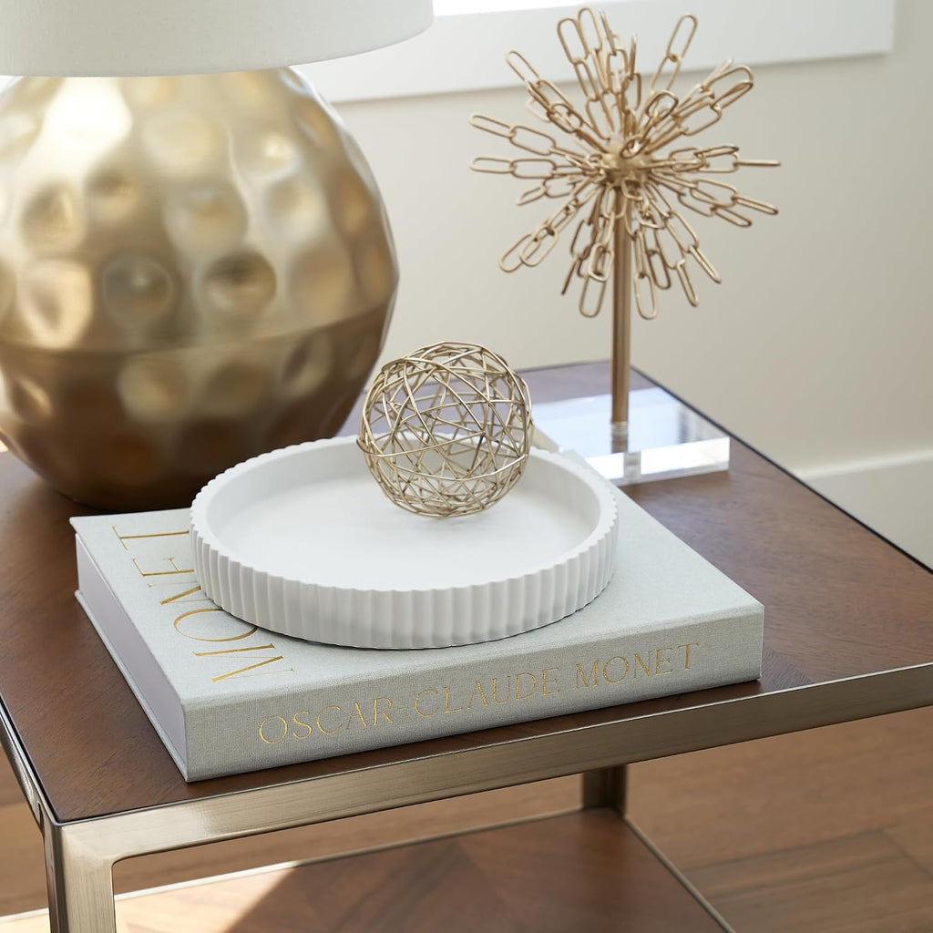 Decorative Concrete Tray & Book Decor Set - Scalloped Tray & Linen Box Enhance Your Coffee Table or Bookshelf Decor
