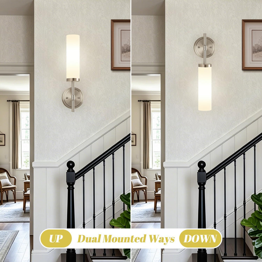 [Hardwired] Wall Sconces Set of Two, Brushed Nickel Bathroom Sconces with Milky White Glass, Modern Wall Light