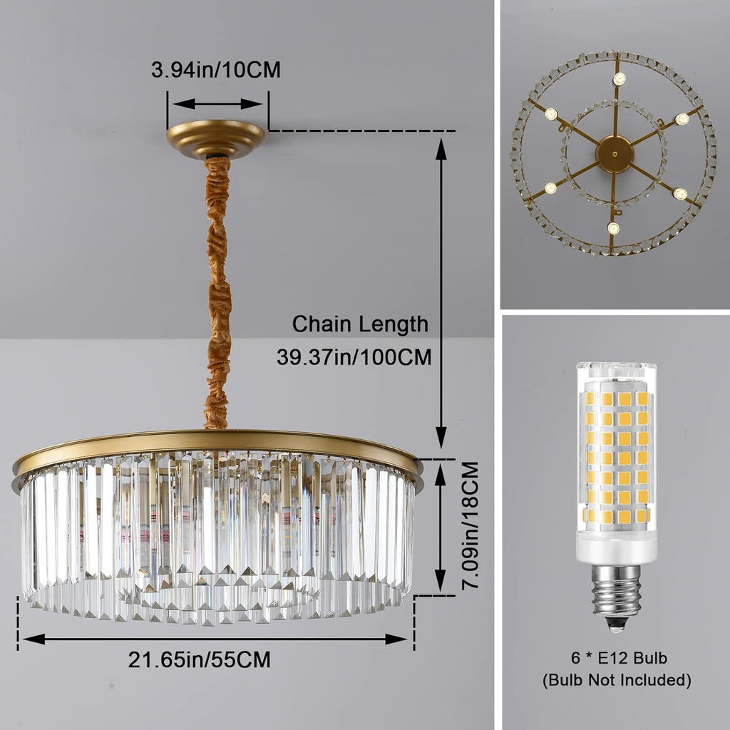 Gold Modern Crystal Chandelier, 2-Tier Round Flush Mount Ceiling Light Fixtures Height Adjustable Pendant Lighting