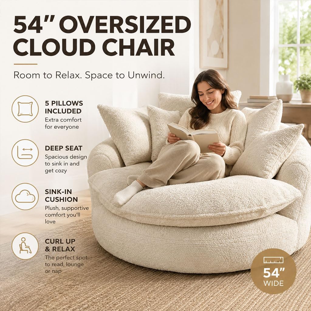 Oversized Round Lounge Chair Indoor, 56" Deep Seat Circle Sofa with Double Armrests & Pillows, Fluffy Cloud Chenille