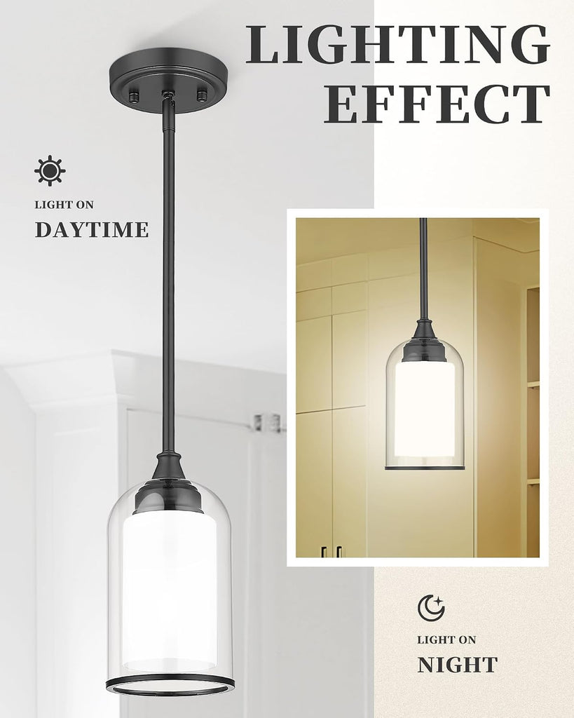 2 Pack Pendant Lights Kitchen Island, Dual Glass Pendant Lights, Black Hanging Lamp with Clear and Milk Glass