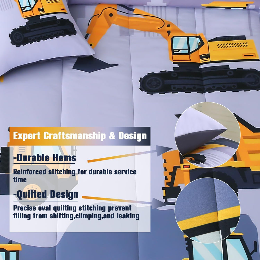 Construction Bedding Sets for Boys Kids, 6 Piece Bed in A Bag 3D Cartoon Car Excavator Tractor Comforter Set