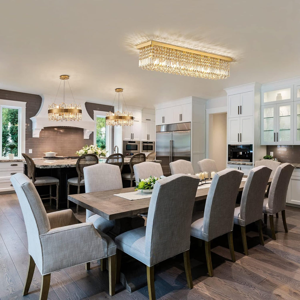 Rectangular Gold Crystal Chandelier, 8-Light Modern Dimmable K9 Crystal Raindrop Chandelier, Luxury Rectangle Flush