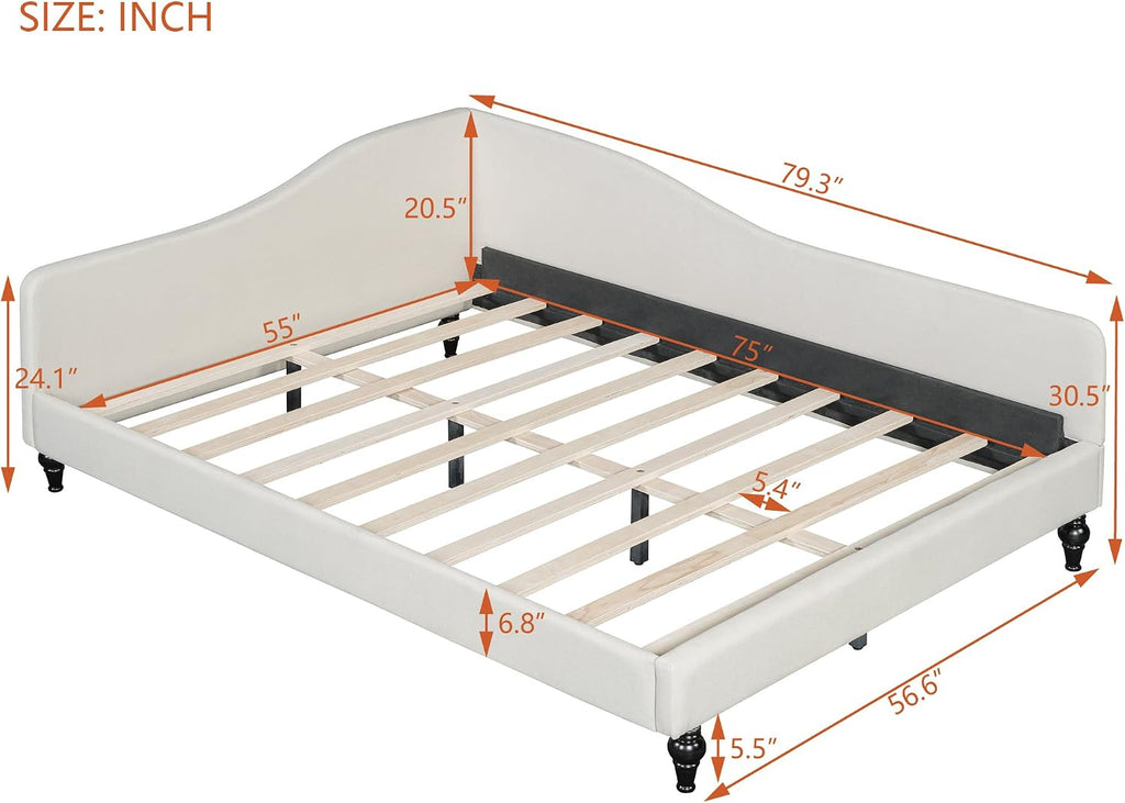 Full Bed Frame Daybed, L-Shaped Linen Corner Sofa with Solid Wood Legs & Guest Room, No Box Spring Needed, Beige