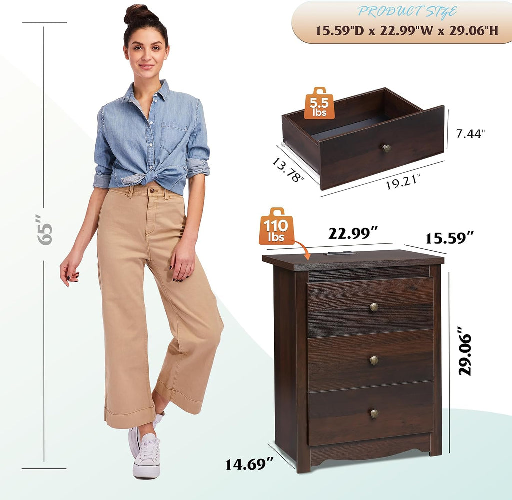 Tall Nightstand with Charging Station, Wood Night Stand with 3 Drawers Storage, Bedside Table End Side Tables with 2