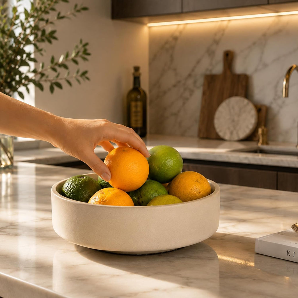 Large Fruit Bowl Counter, Modern Resin Pedestal Centerpiece, Stone-Look Matte Finish in Natural Sandstone, Decorative