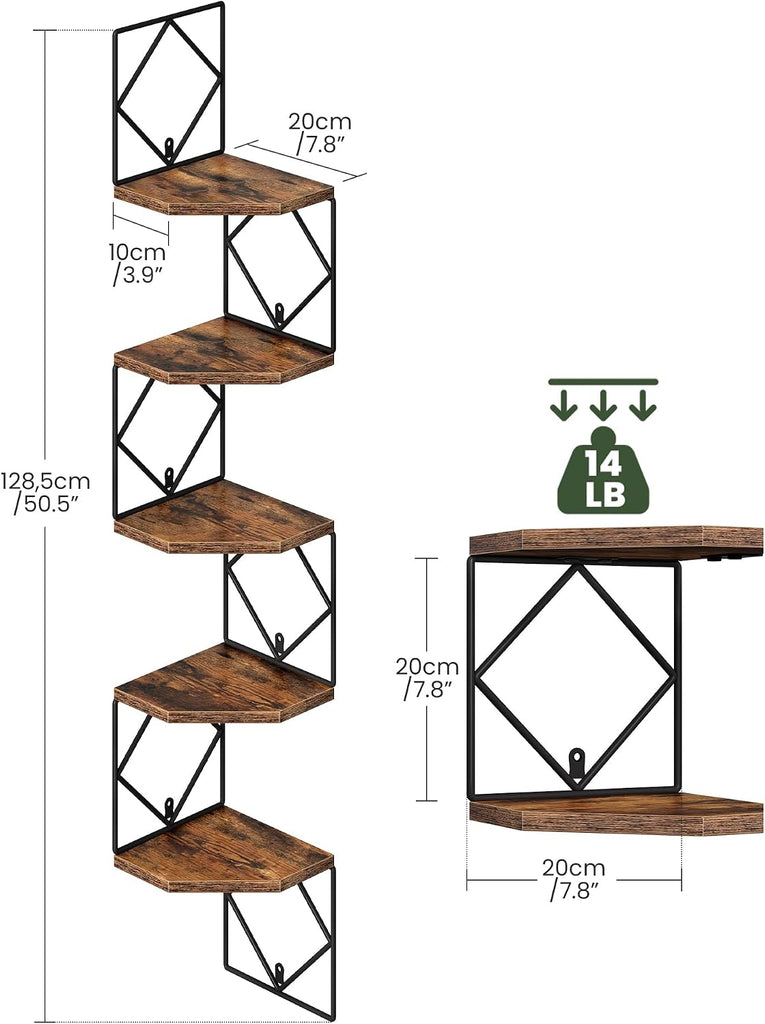 5-Tier Corner Shelf, Floating Shelf, Wall-Mounted Storage Shelf, Wall Decor, Narrow Corner Bookshelf, and Bathroom
