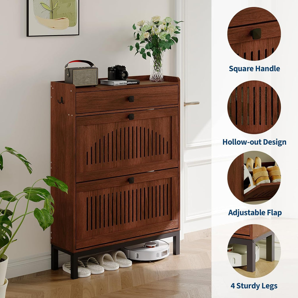Shoe Cabinet with 2 Flip Drawers and 1 Large Drawer, Wooden Shoe Organizer Cabinet with Adjustable Shelf, Shoe