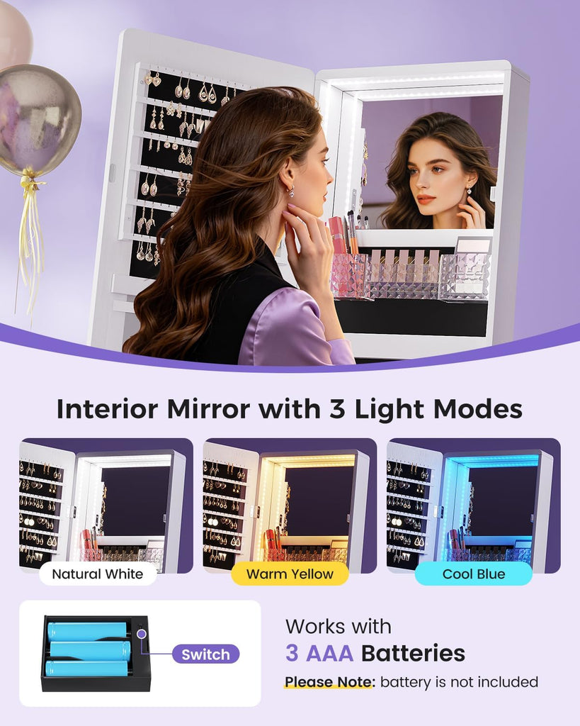 RGB Jewelry Cabinet with Full Length Mirror, 360° Rotating Lockable, 12-Zone Velvet Floor Standing Jewelry