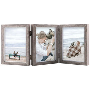 Triple 5x7 Picture Frames Hinged Wood 3 Opening Frame Display Gray