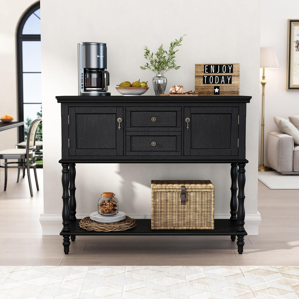 Console Table with 2 Drawers, Retro Entryway Table with 2 Door Cabinets and Open Storage Shelf, Narrow Long Behind