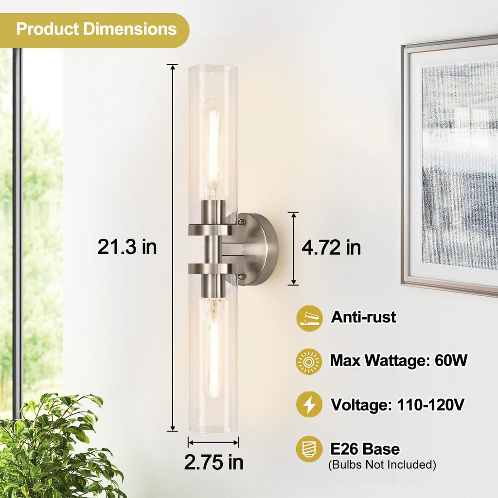 Wall Sconces Set of Two, Hardwired Brushed Nickel Bathroom Sconces Wall Lighting with Clear Glass, Modern Sconces