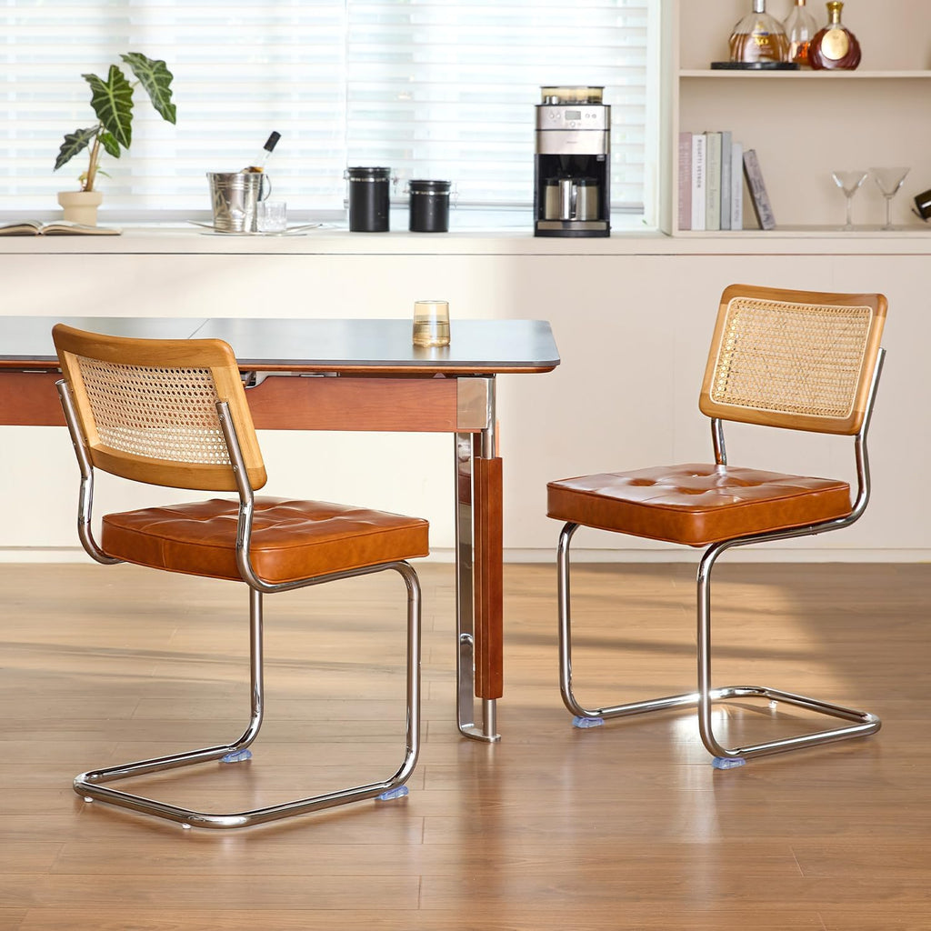 Rattan Dining Chairs Set of 2, Faux Leather Mid Century Modern Dining Room Chairs, Mesh Back Cane Kitchen Chair