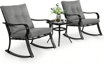 Outdoor 3-Piece Rocking Chairs Patio Bistro Set Black Steel Furniture with Thickened Cushion and Glass-Top Coffee