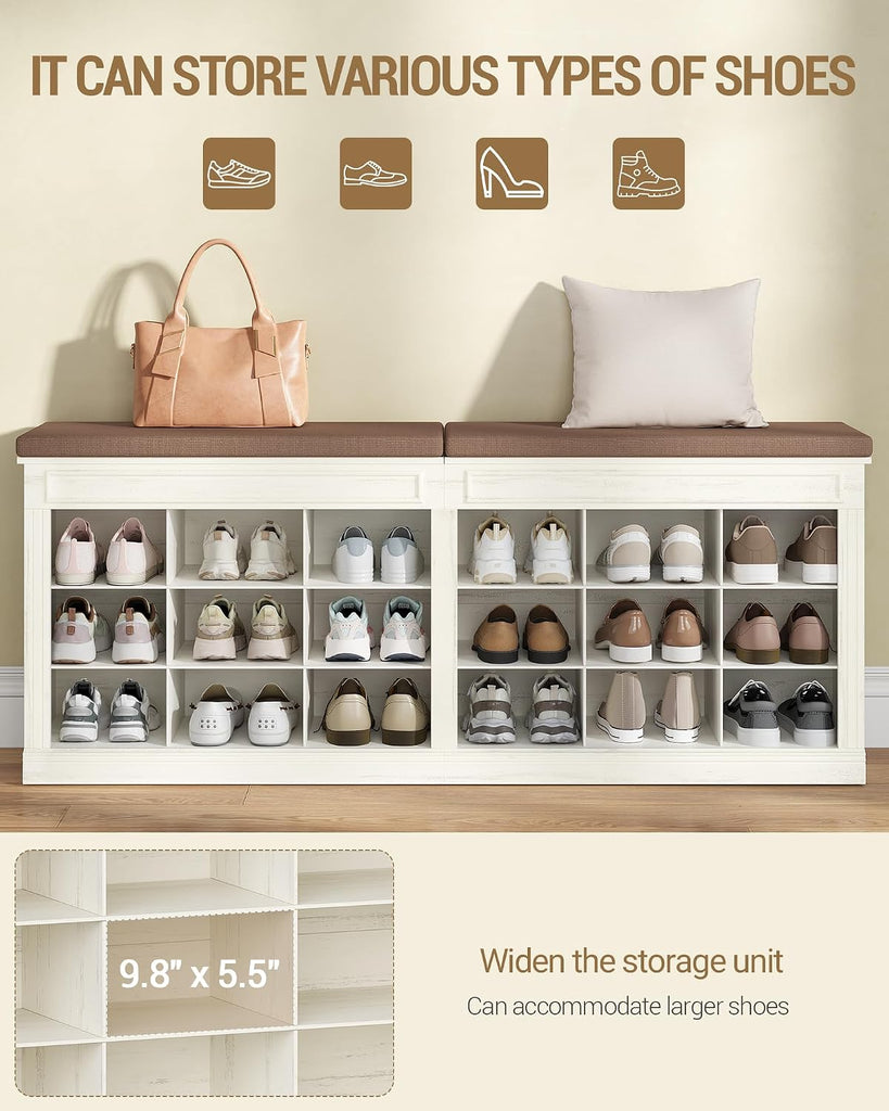 Shoe Bench with Cushion, Farmhouse Storage Bench with 18 Cubbies & Hidden Storage Space, Large Capacity Organizer