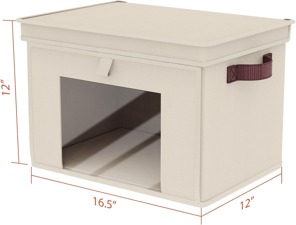 Front Opening Storage Bins with Lids for Closet, Beige, 4 Pack | Foldable Fabric Storage Cubes, Large Closet