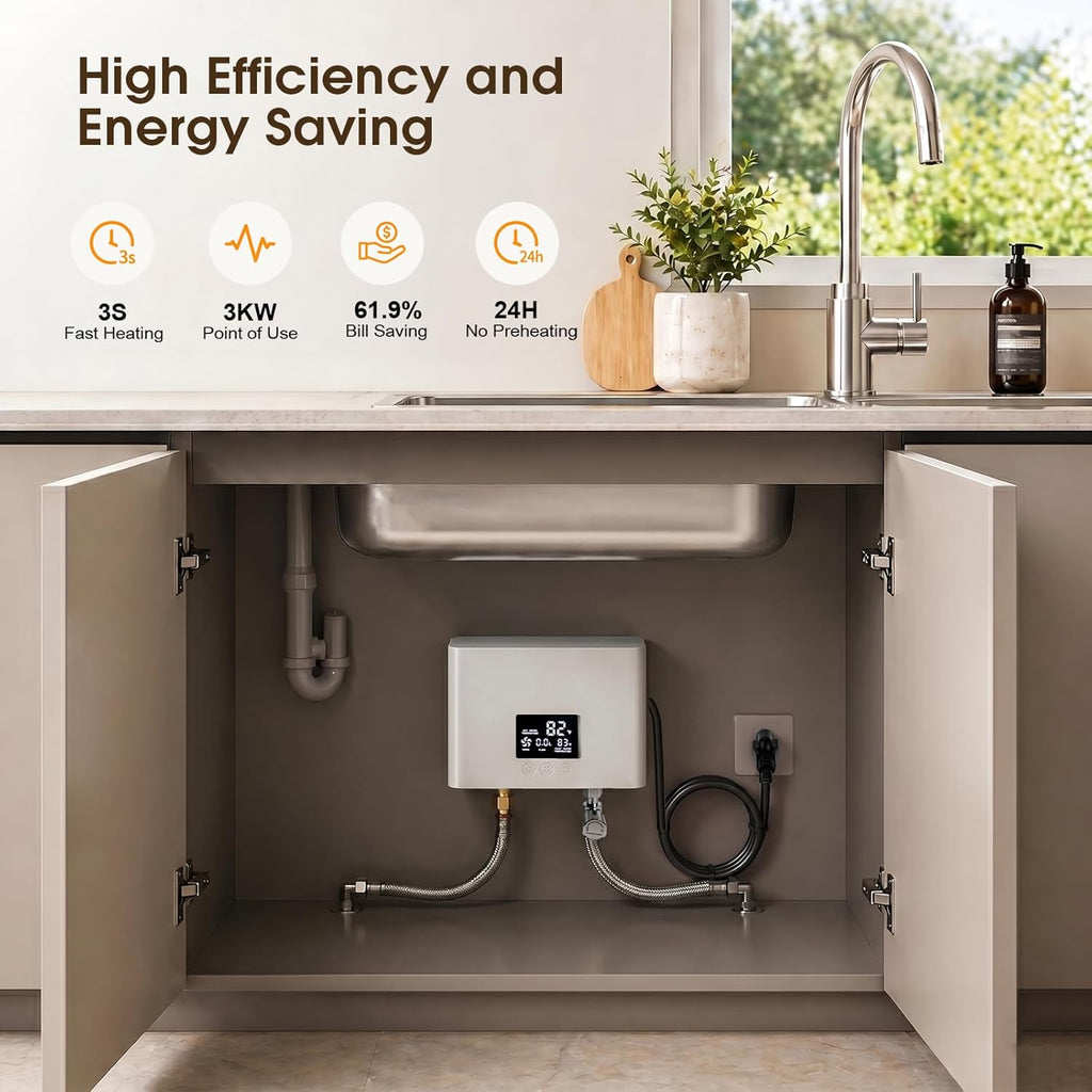 Electric Tankless Water Heater 3000W 110V, Instant On-Demand Hot Water System with Digital Display & Remote Control