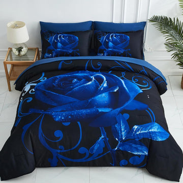 Blue Comforter Set 7 Piece Bed in a Bag Blue Rose Comforter with Sheet Set Soft Micorfiber Reversible