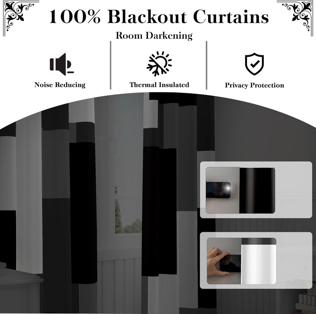 Black Grey 100% Blackout Curtains for Bedroom 2 Panels Set White Grey Modern Abstract Geometric Black
