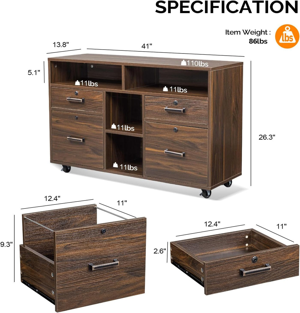 Dark Brown Wood Lateral File Cabinet with Lock, 4 Drawer & 4 Open Shelves, Rolling File Cabinet , Letter Sized