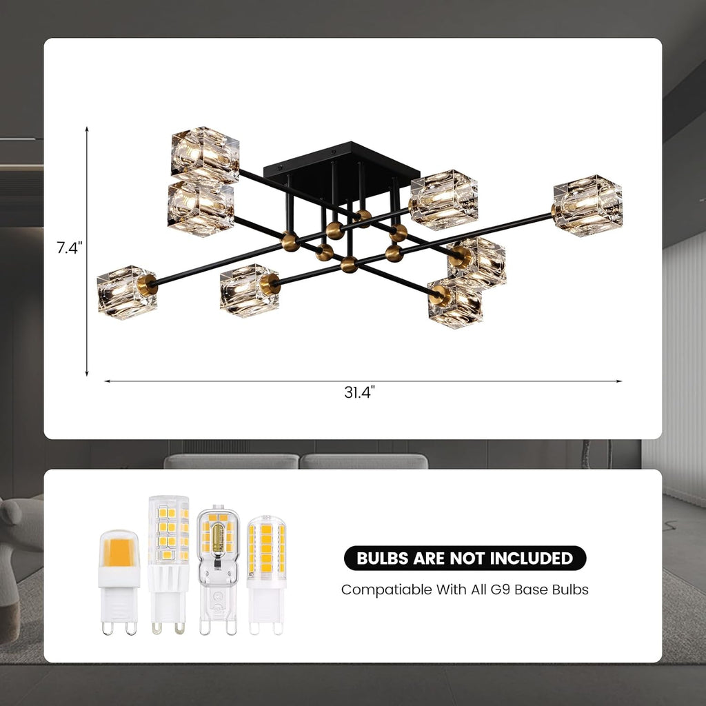 8-Light Crystal Ceiling Light Fixture Black and Gold Semi Flush Mount Ceiling Light Modern Chandeliers for Dining