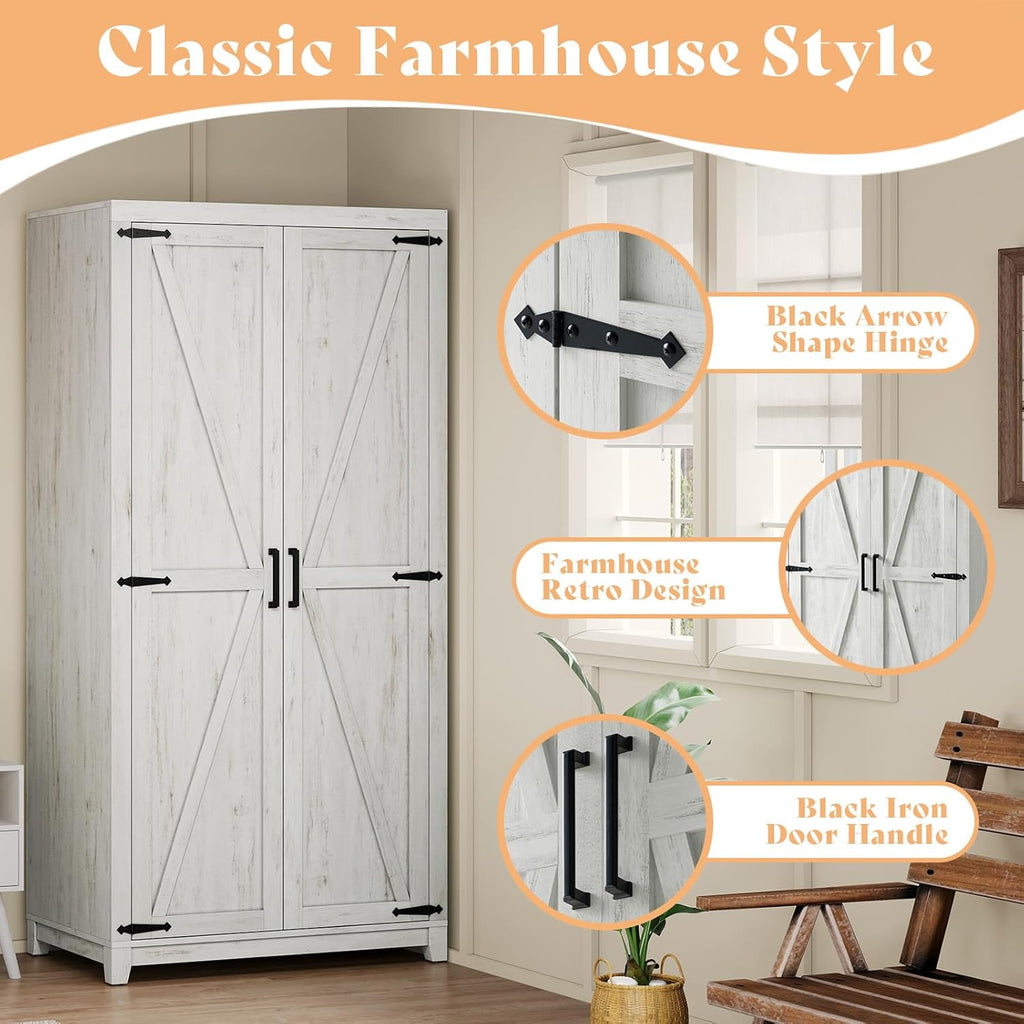70" Large Armoire Wardrobe Closet with Hanging Rod, Farmhouse Clothing Storage Cabinet with 2 Barn Doors, Wooden Tall