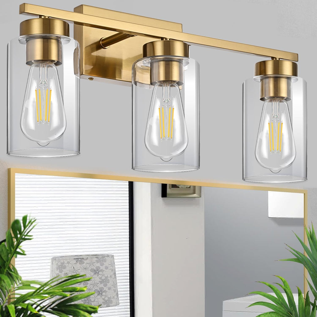 3-Light Bathroom Vanity Light, Modern Brushed Gold Wall Lights with Clear Glass Shades, Bathroom Wall Sconce Lamp for