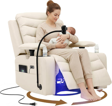 Power Glider Recliner Nursery Chair, Leather Swivel Rocking Chair, Beige | with Electric Lumbar Support, USB