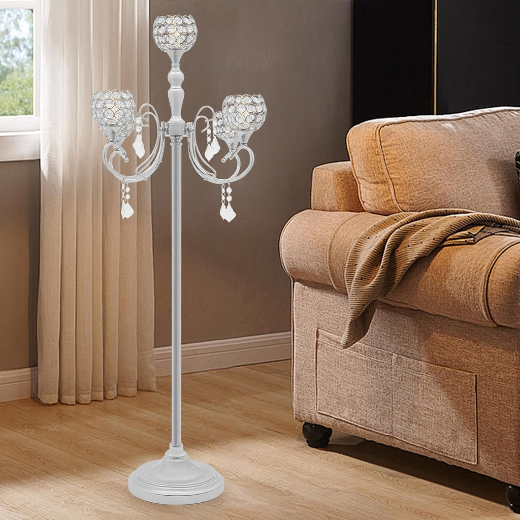 5 Arm Crystal Candelabra Centerpieces 49.21 Inch Tall Freestanding Silver Candle Holder Crystal Candle Standcoration