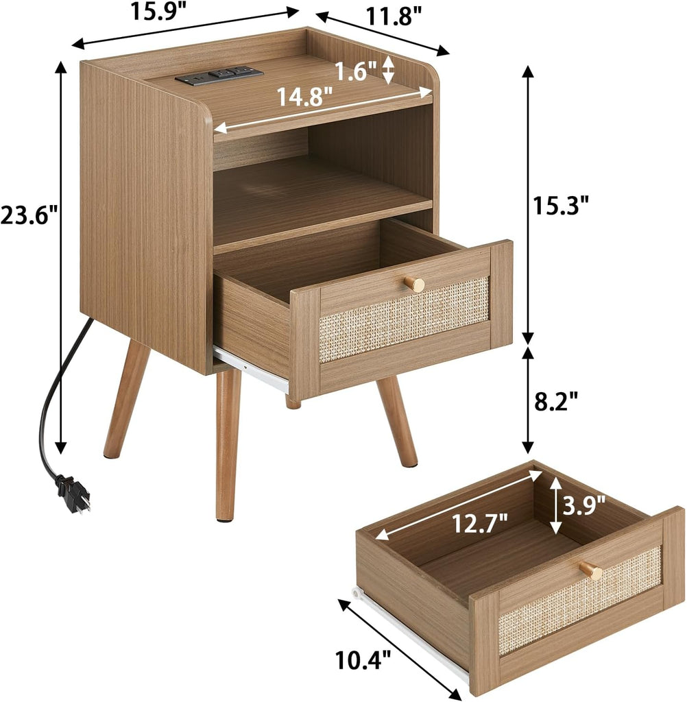 Night Stand Set 2, Nightstands Set of 2 with Charging Station, Rattan Side Tables with Solid Wood Legs, Boho Bedside