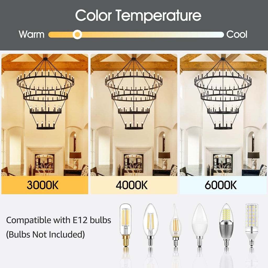 70 Inch Wagon Wheel Chandelier - 4-Tier 84-Light Black Farmhouse, Adjustable 100-160 Inch Height for High Ceilings