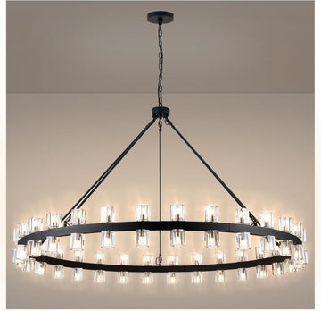 60 Inch Black Wagon Wheel Chandelier with Crystal Shade, 60 Lights, Modern Farmhouse Style, Ideal for Dining Room, Kitchen, Entryways