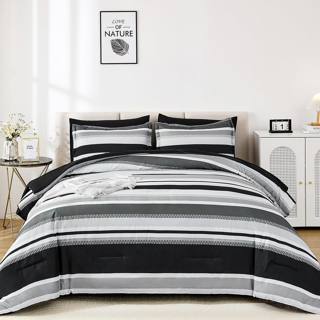 Queen Comforter Set, 7 Pieces Bed in a Bag Orange Queen Bed Set, Soft Boho Striped Bedding Sets with Sheets