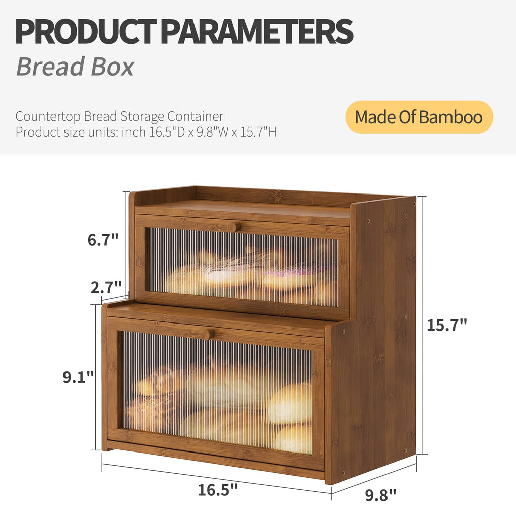 Double Layer Bamboo Counter,Bread Holder,Countertop Bread Storage with Window (Brown)