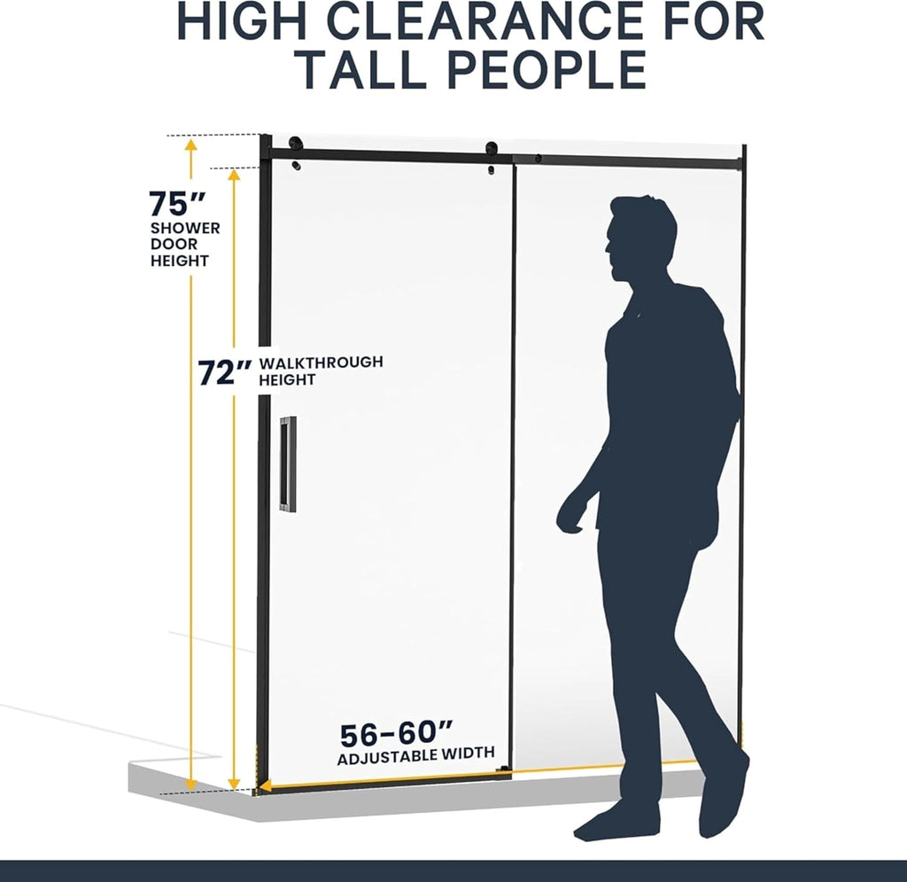 Semi-Frameless Sliding Shower Door - 56-60” x 75”, Tempered Glass Shower Door, Corrosion Resistant Hardware