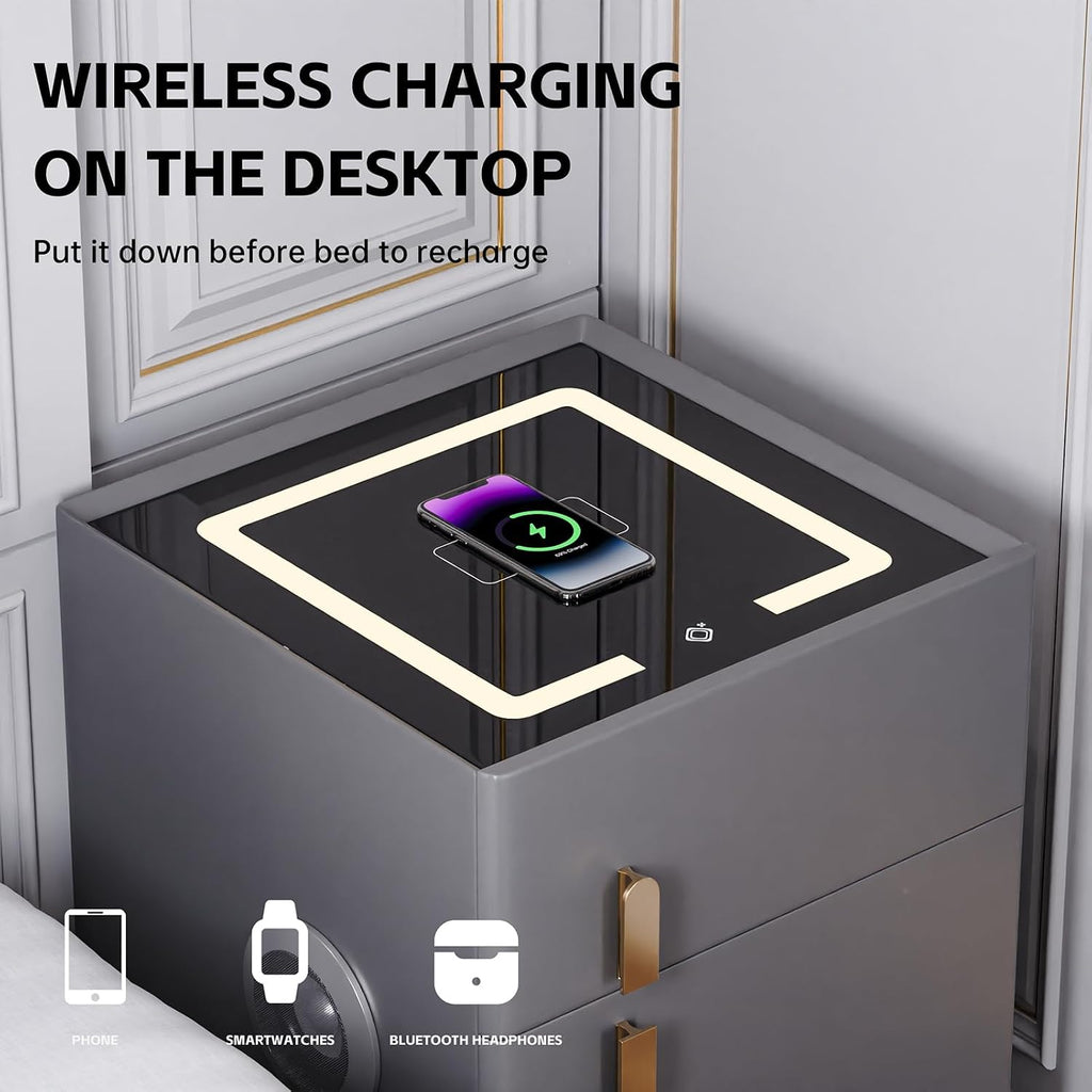 Smart Nightstand with Drawers and Safe,Nightstand with Wireless Charging, Modern Bedside Table with Strongbox, USB