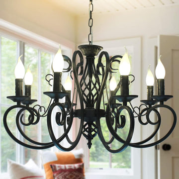 French Country Chandeliers,8 Lights Kitchen Island Candle Iron Black Chandelier,Industrial Vintage Pendant Light Fixture for Farmhouse,Dining Room,Bedroom,Foyer