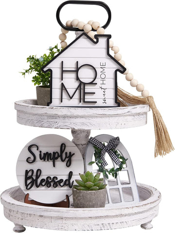 Rustic Farmhouse Tiered Tray Set with Succulent & Plant - Home Decor s (Set of 8 Without Trays)