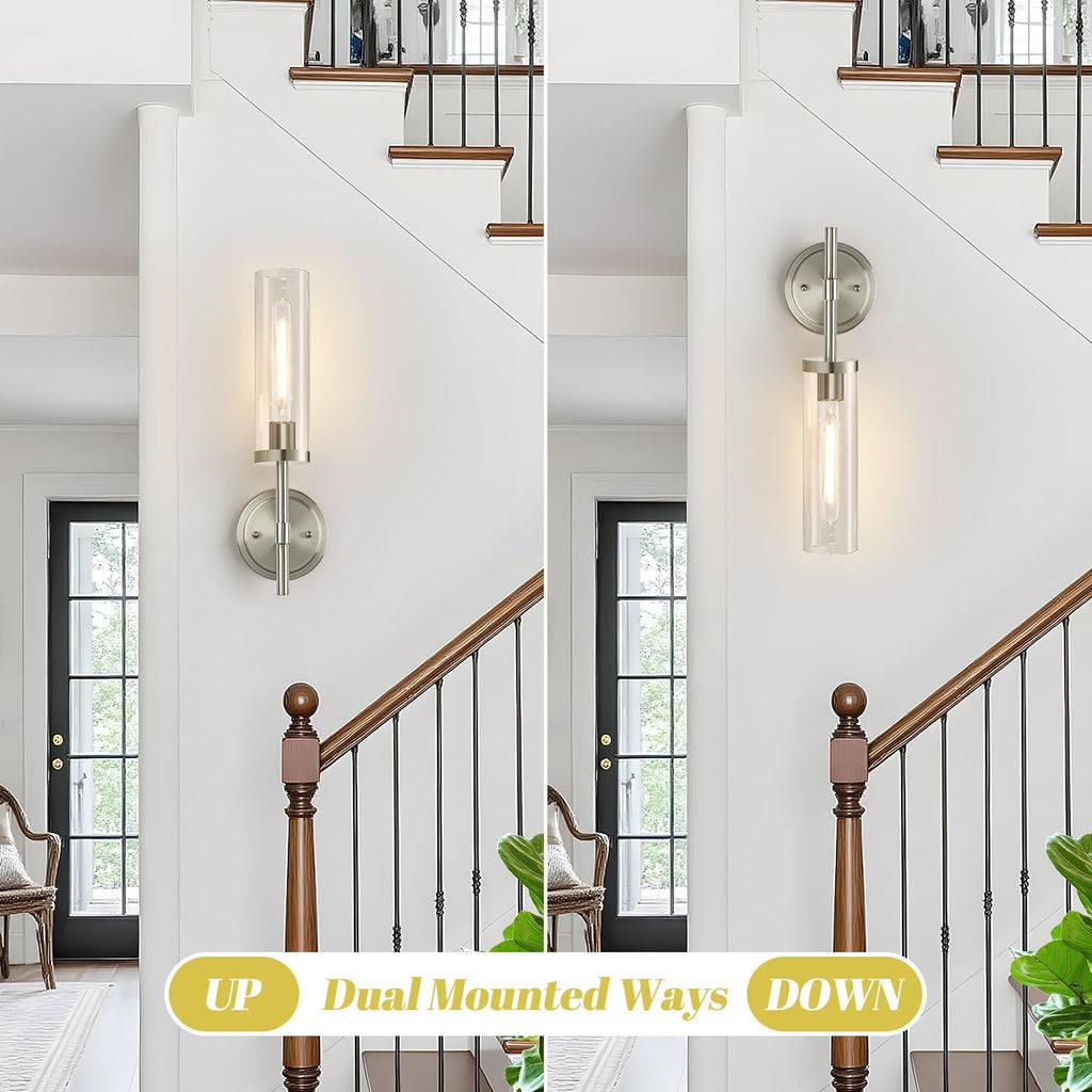 Wall Sconces Set of Two, Brushed Nickel Bathroom Sconces with Clear Glass, Hardwired Sconces Wall Decor Set of 2