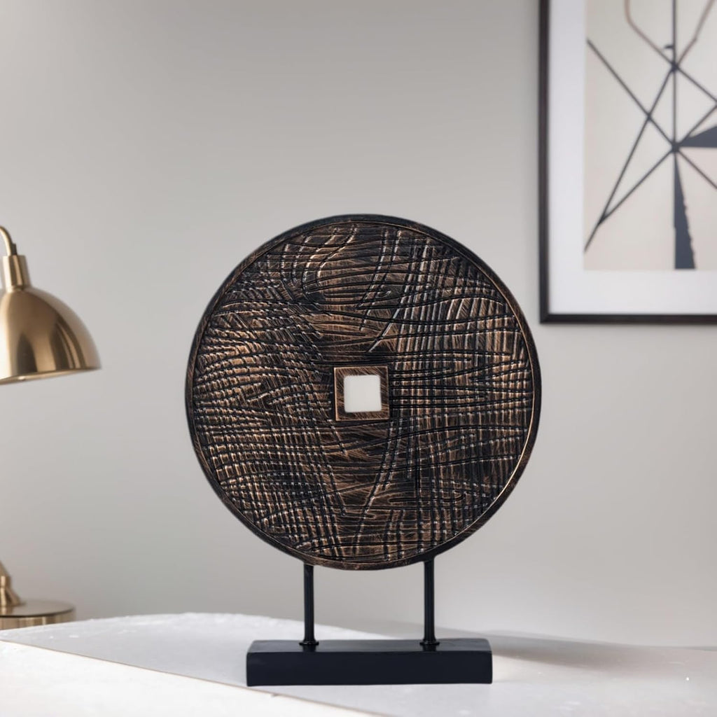 Unique Round Coin Sculpture Decorative Objects for Shelf Home Decor Accents, Modern Abstract Tabletop Decor Items
