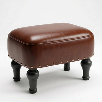Ottoman Leather Footrest, Vintage Footstool, Thickened Foam Upholstered Seat, Wooden Leg Foot Rest, Under Desk Shoe Bench