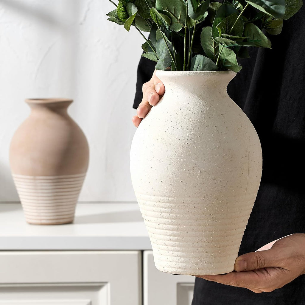 Ceramic Rustic Farmhouse Vase, 9.2 inch Whitewashed Terracotta Vase, Pottery Decorative Vases,Clay Decorative Vases