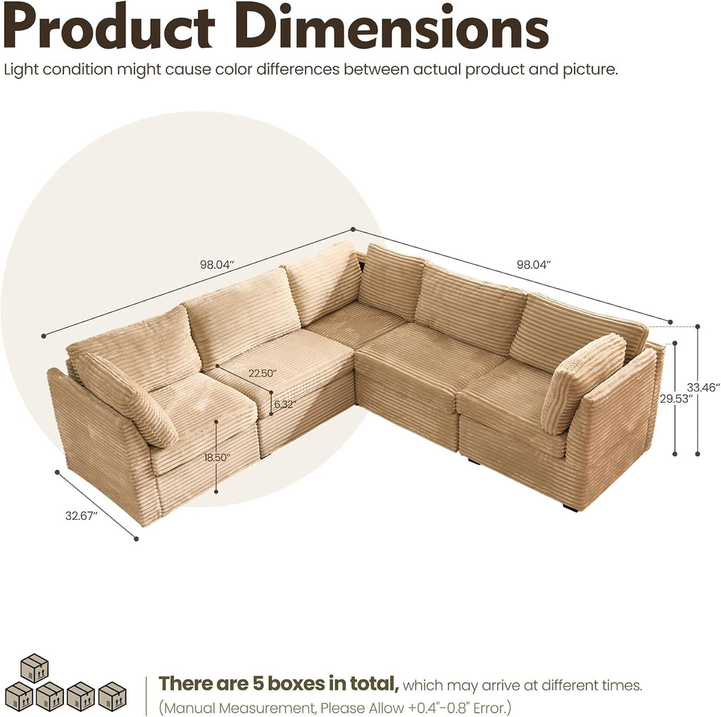 Modular Sectional Sofa,5 Pieces Sectional Couches ,98X98 L Shaped Cloud Couch Set Deep Seat(Beige Velvet Corduroy)