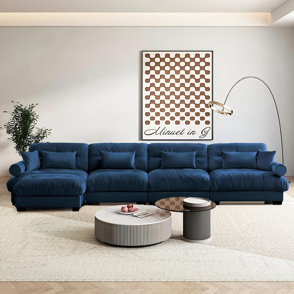 Sectional Couches , L Shaped Sofa Couch with Velvet Fabric, 4 Seat Modern Sofa with Ottoman, Removable Pillows , Blue