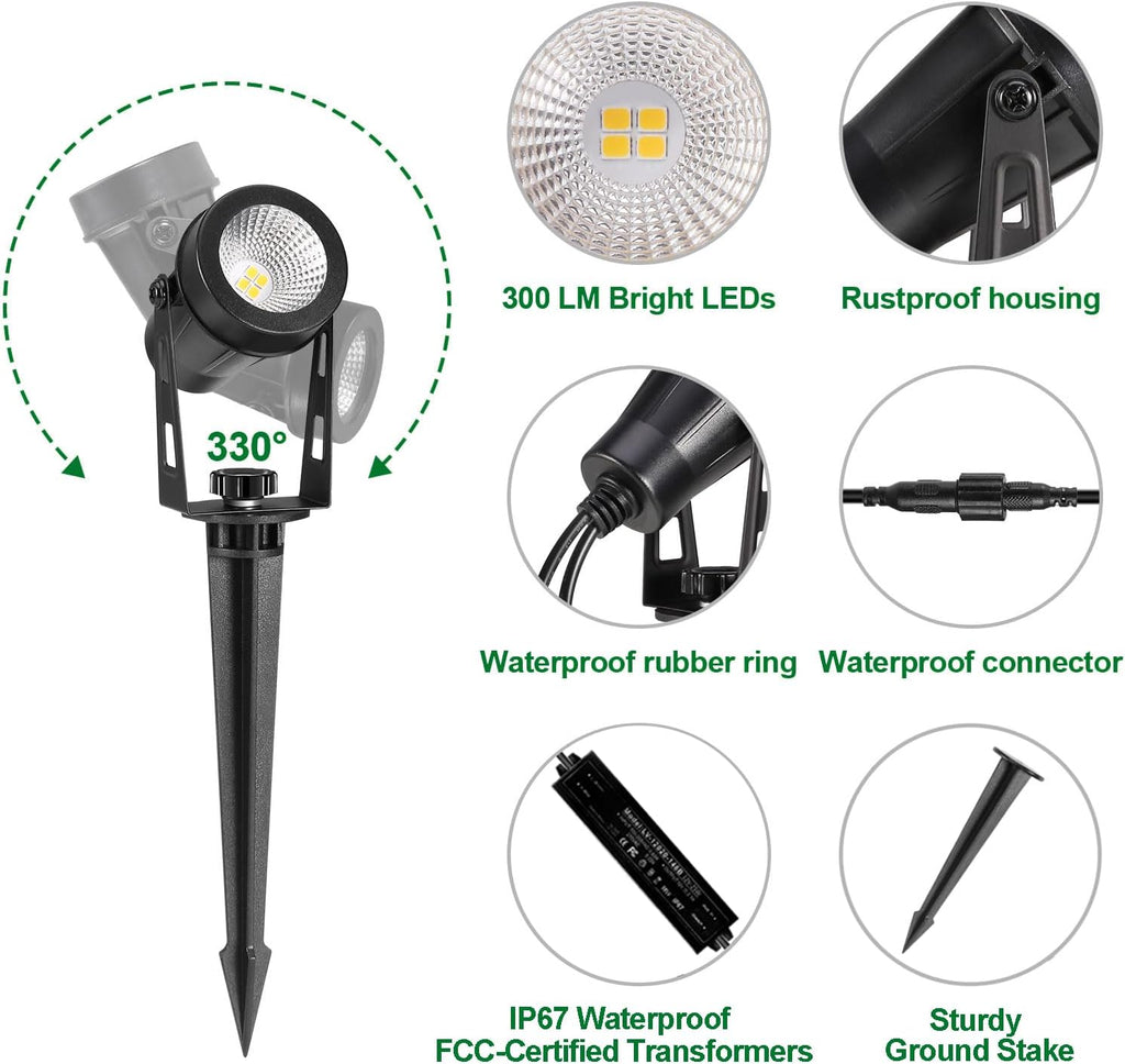 Low Voltage Landscape Lighting, 6 Pack Outdoor Spot Lights with Transformers, 12V Warm White Landscape Spotlights