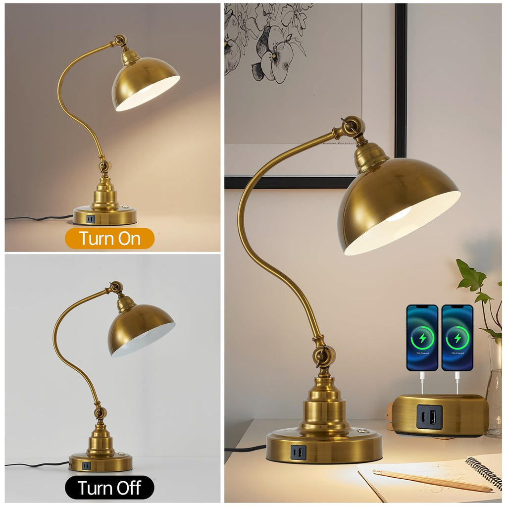 Dimmable Touch Control Antique Gold Desk Lamp with Swing Arm Charging Port