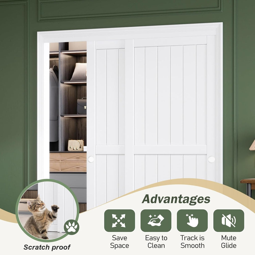 Sliding Closet Doors 64x80(Double 33inch),Bypass Barn Door with Hardware,for Bedroom,White,H Frame,A