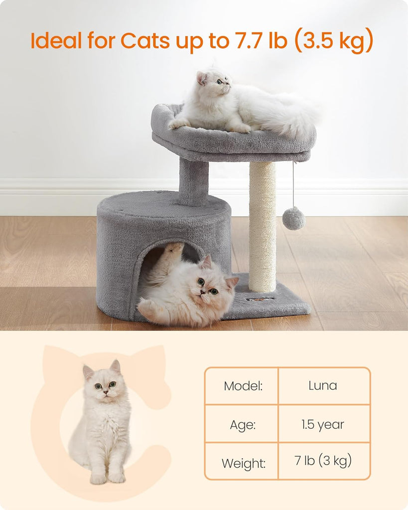 Cat Tree, Small Cat Tower with Sisal Scratching Post, Plush Condo with Padded Perch, for Small Spaces, Kittens