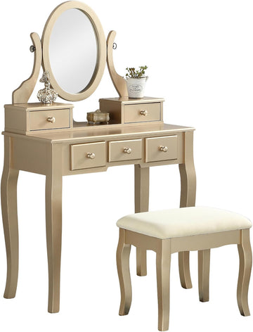 Ashley Wood Makeup Vanity Table and Stool Set, Gold