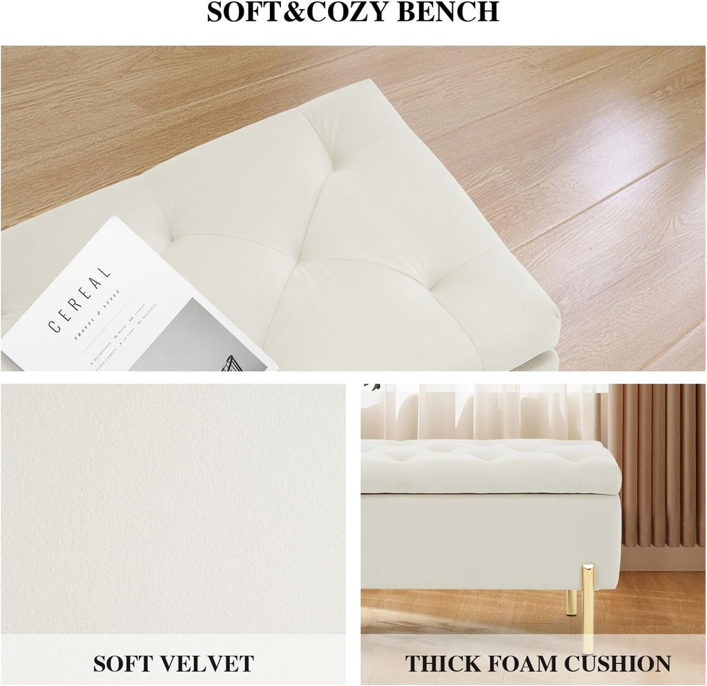 Velvet Storage Bench Ottoman,Versatile Seating with Hidden Storage,End of Bed Bench,Tufted Bench ,Ivory